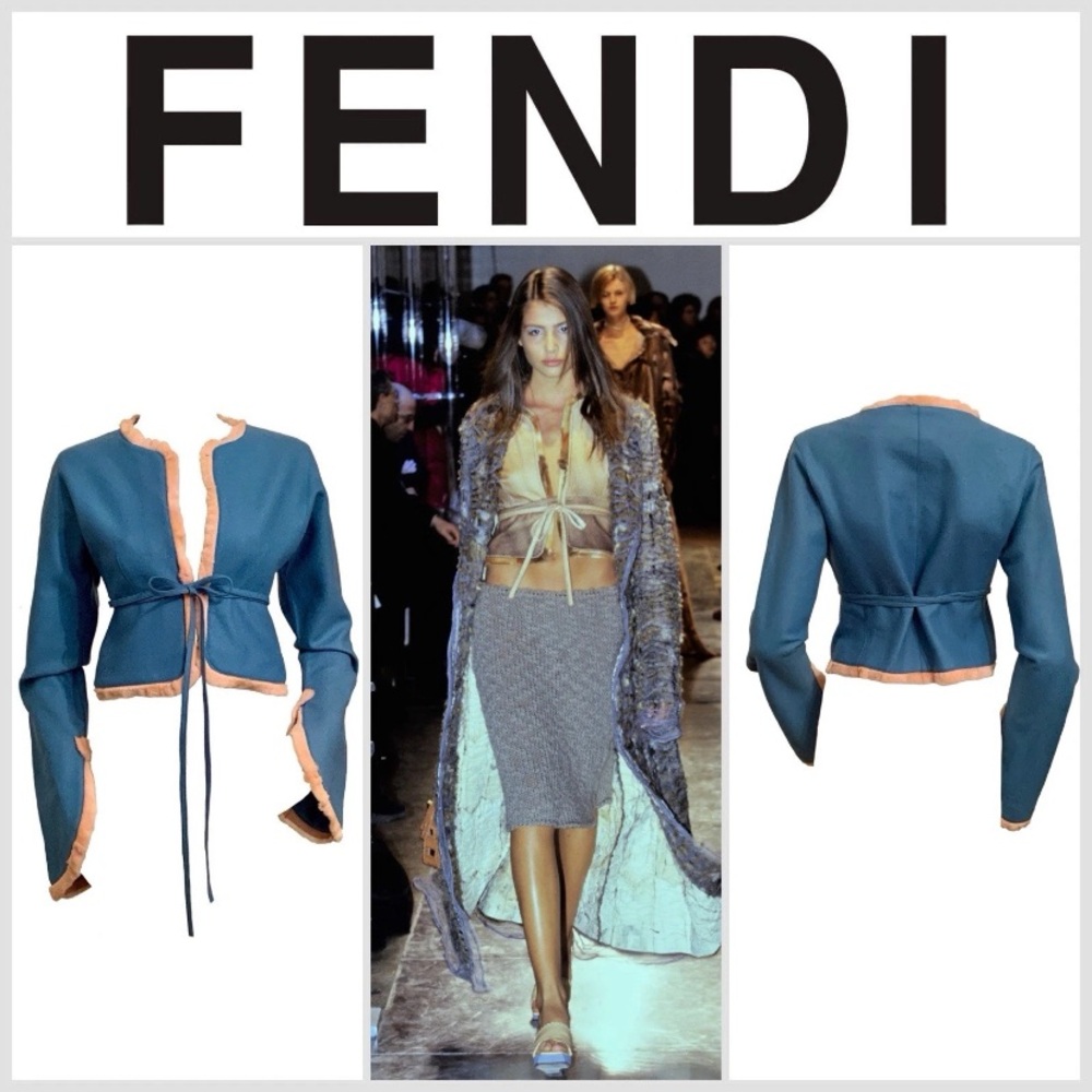 FENDI By KARL LAGERFELD F/W 1999 Fur Trim Blue Jacket Coat VINTAGE RARE Small
